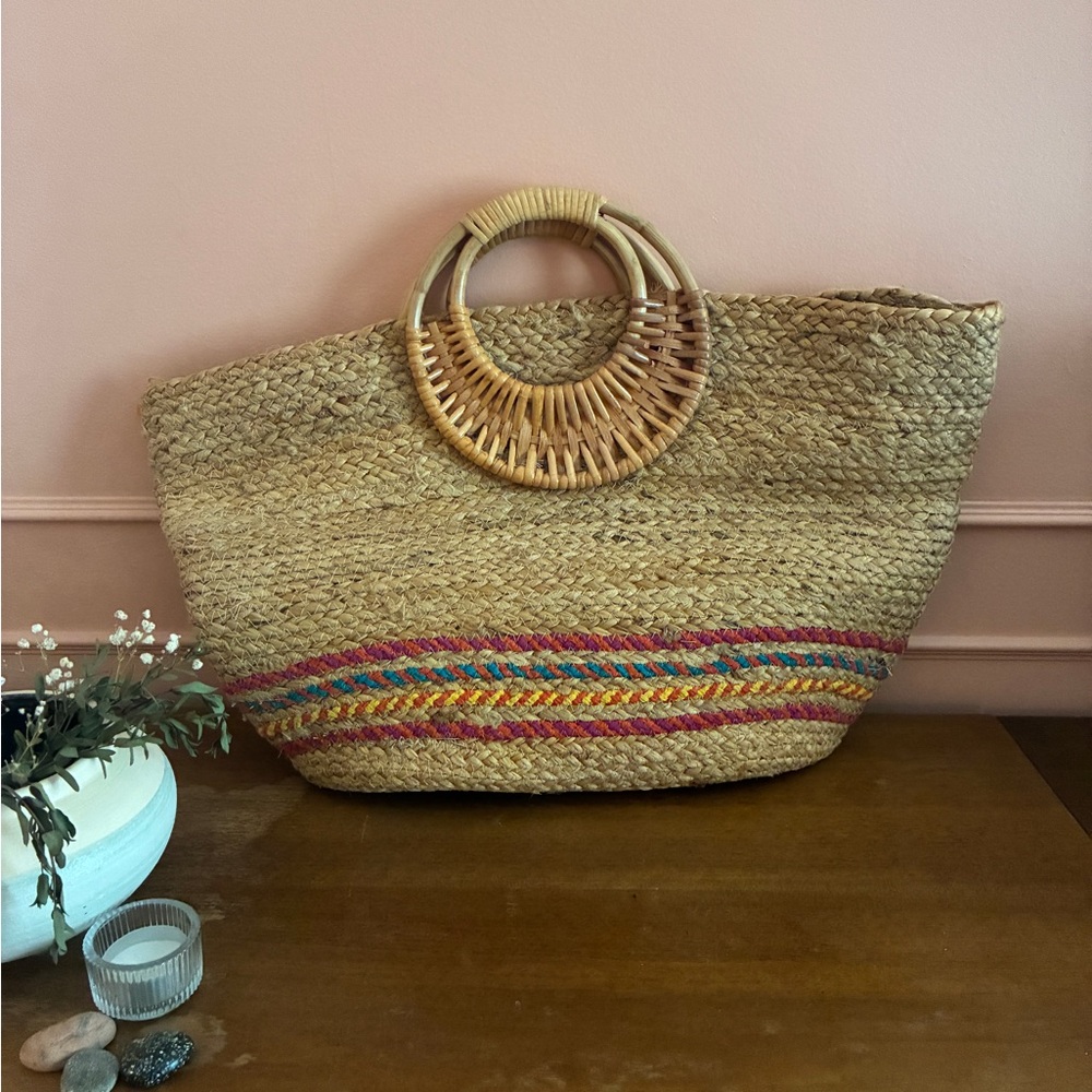 Woven Jute Tote Bag with Colorful Stripe Detail
